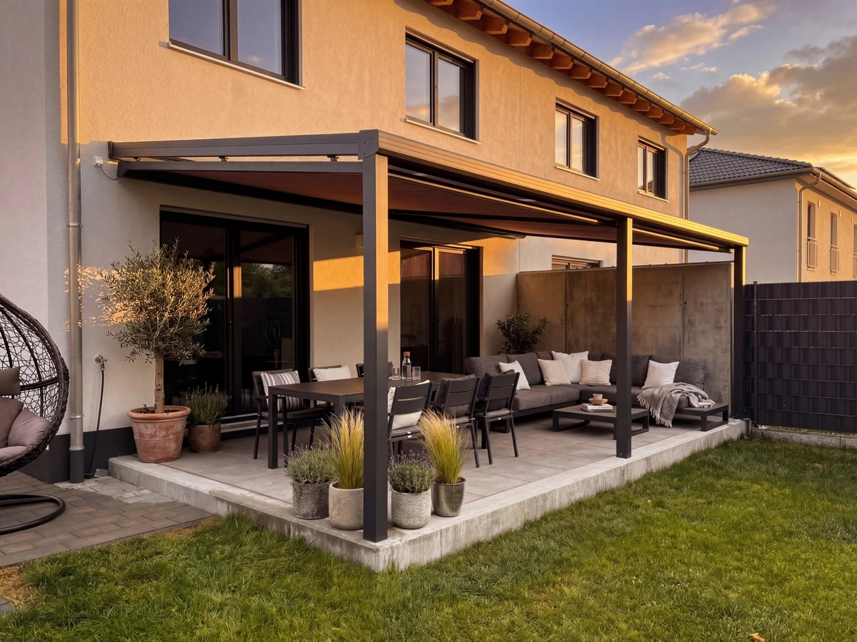 Terrasse nach Montage eines Lamellendachs von MM Sonnen- und Wetterschutztechnik