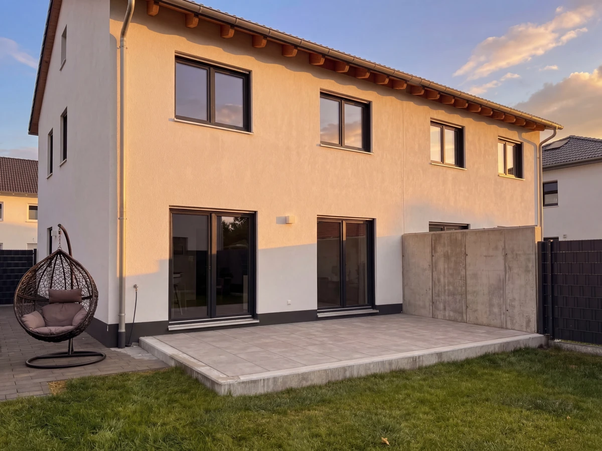 Terrasse vor der Überdachung — offener Außenbereich ohne Witterungsschutz