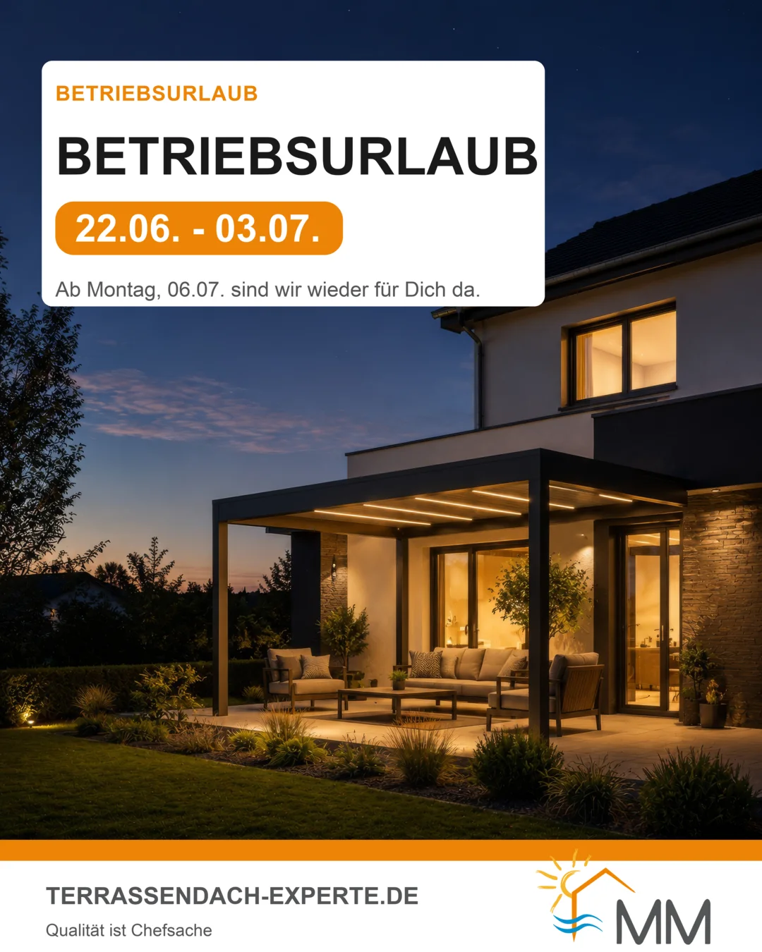 Betriebsurlaub 2026: MM Sonnen und Wetterschutz ist bis 03.07. im Urlaub und ab Montag, 06.07. wieder erreichbar.